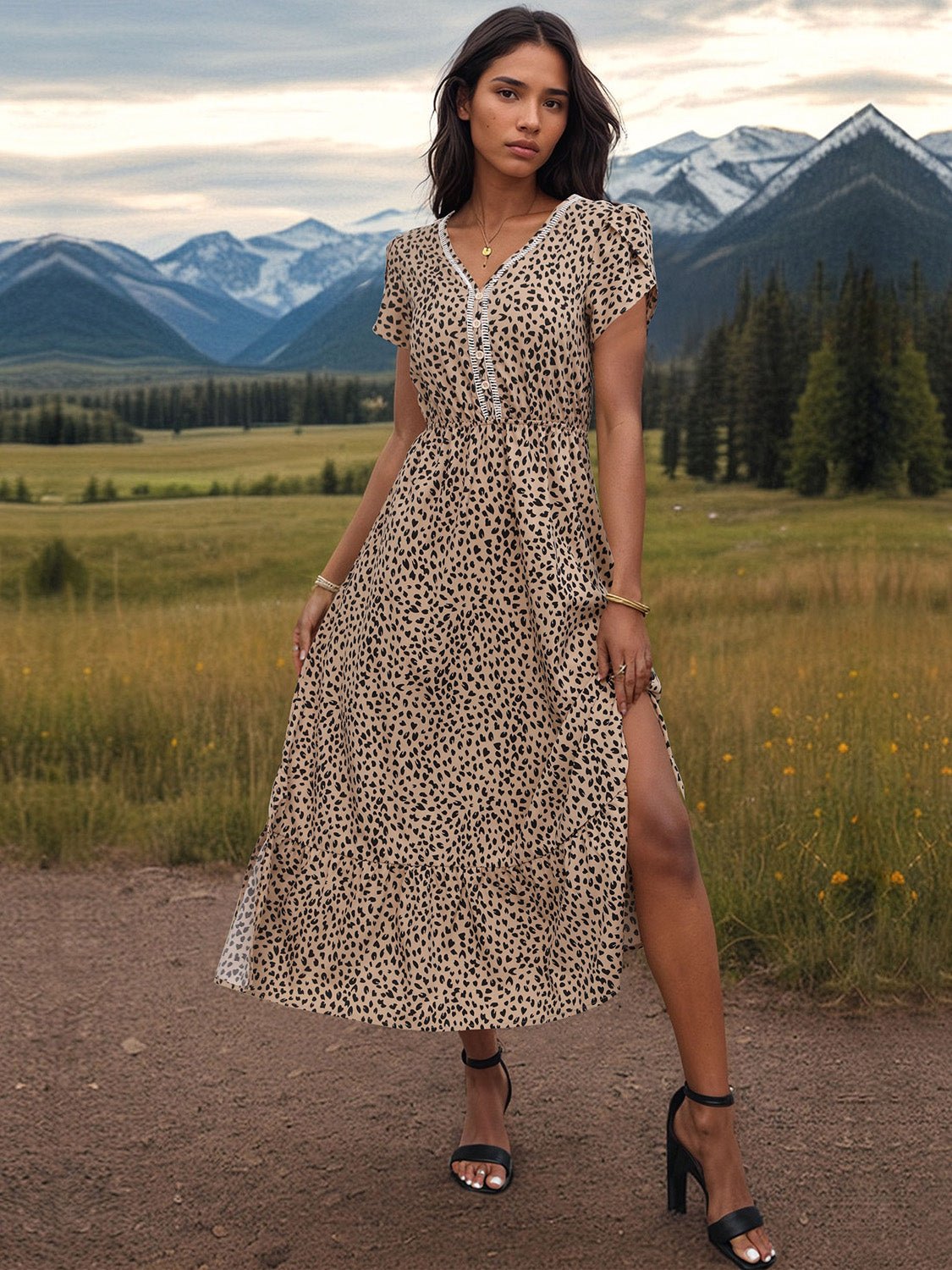 Slit Printed V-Neck Short Sleeve Dress - Luminous Bear