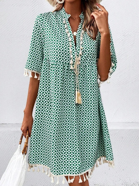 Tassel Printed Notched Half Sleeve Mini Dress - Luminous Bear