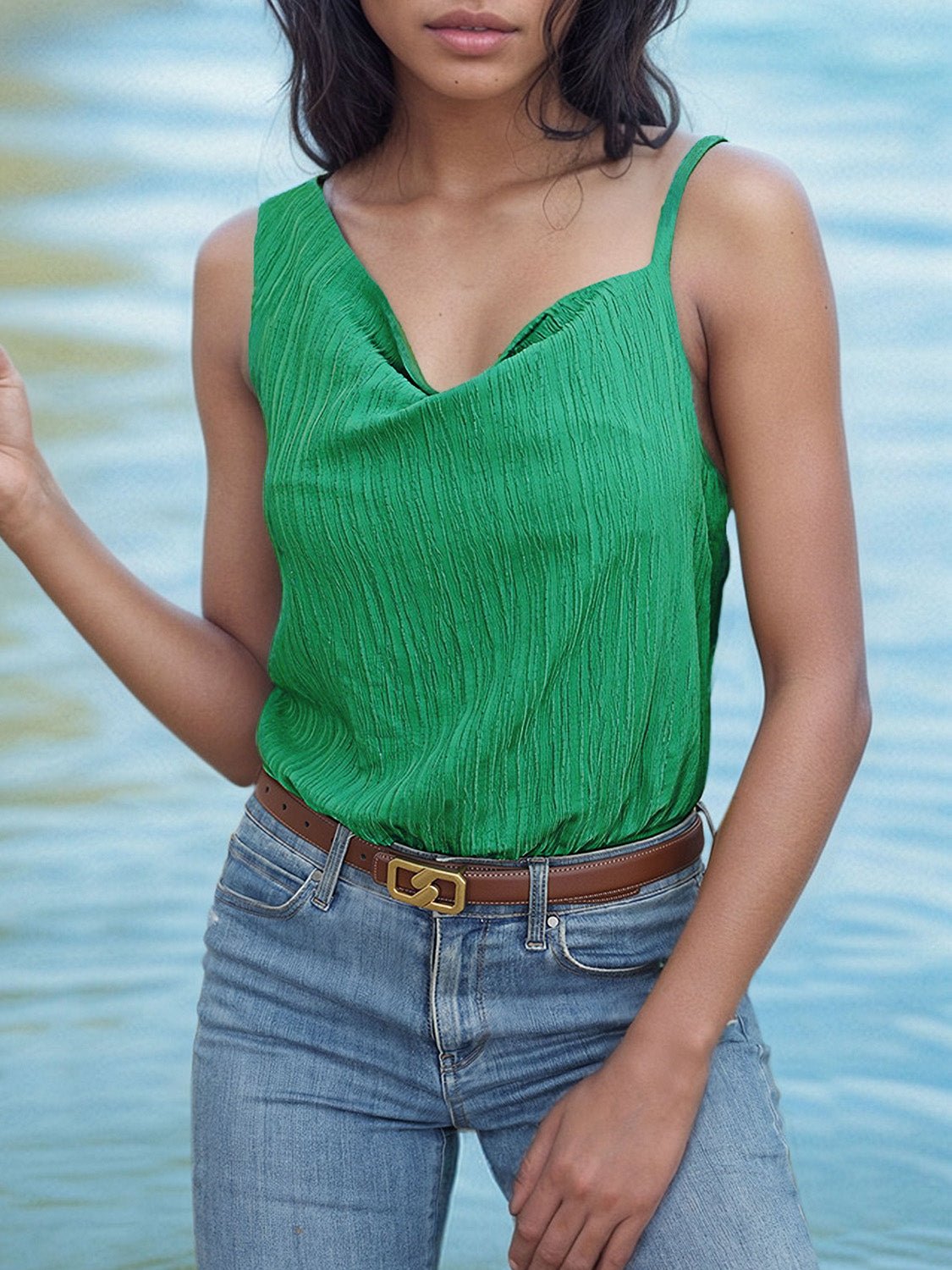 Textured Asymmetrical Neck Bodysuit - Luminous Bear
