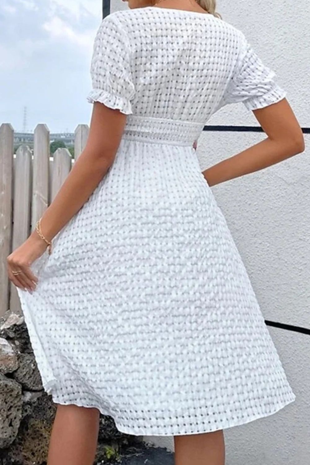 Textured Surplice Short Sleeve Dress - Luminous Bear