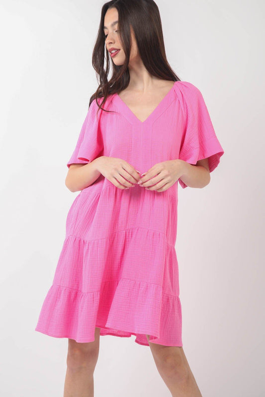 VERY J Texture V-Neck Ruffled Tiered Dress - Luminous Bear